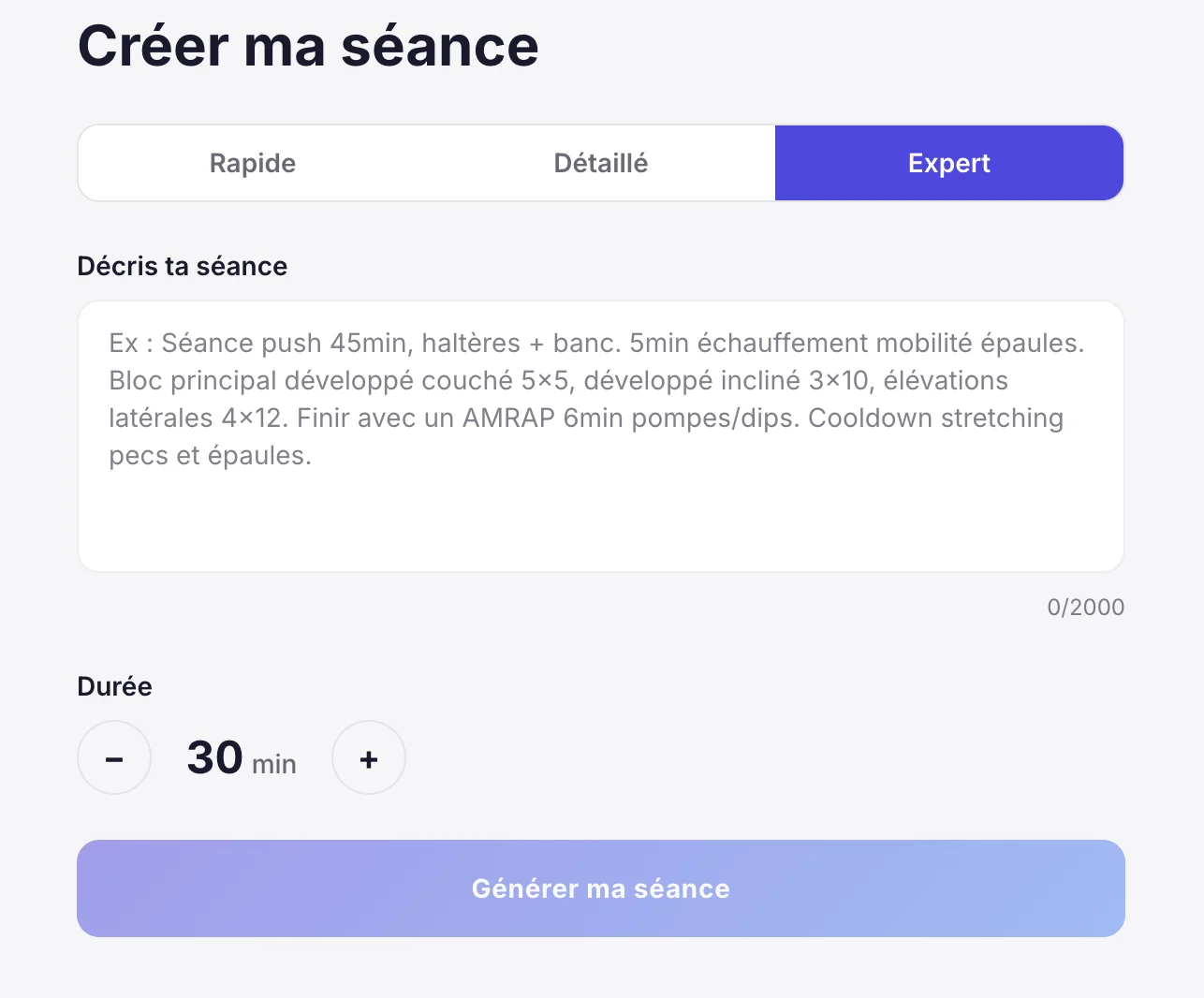 Créer une séance — Mode Expert