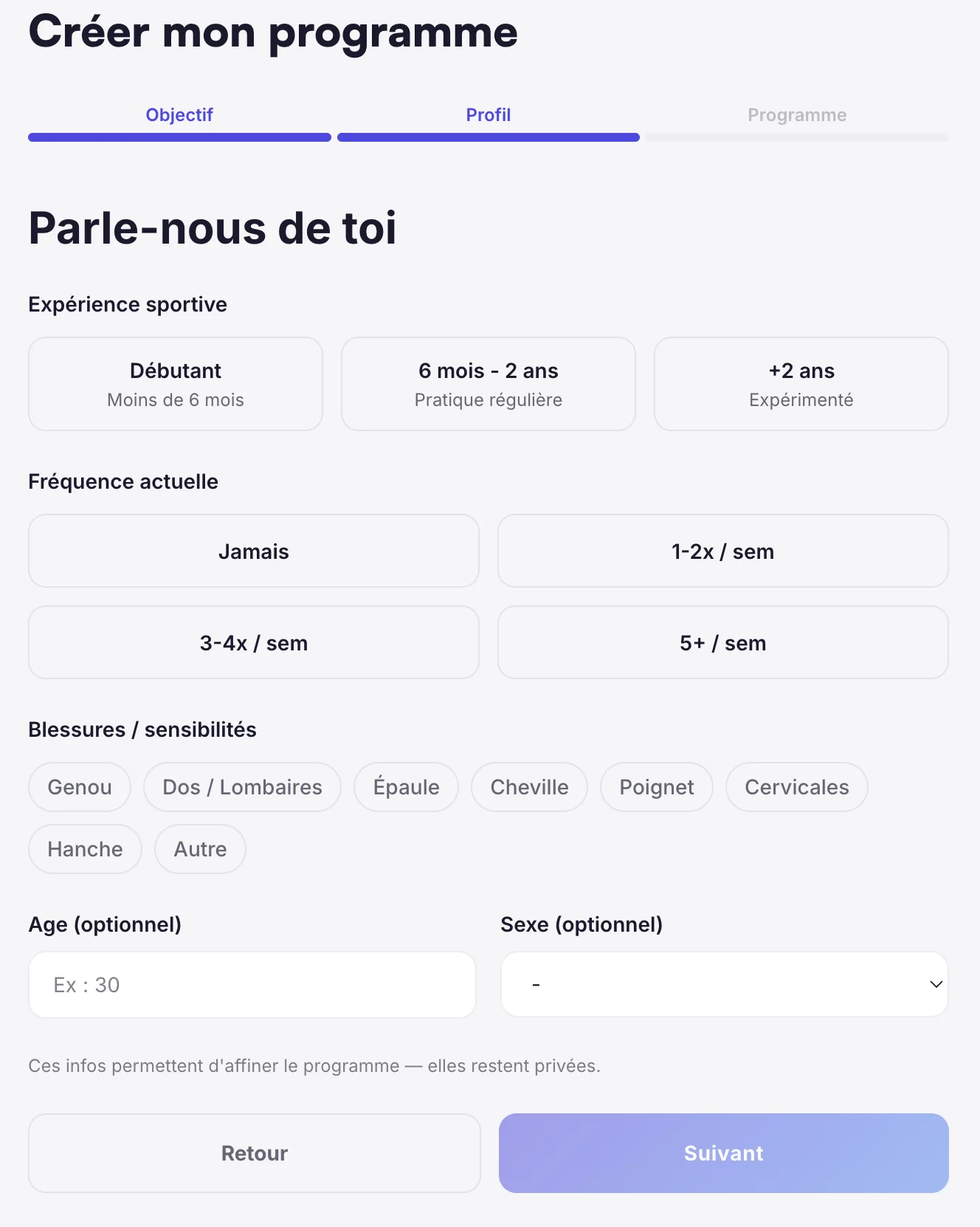 Saisie du profil utilisateur